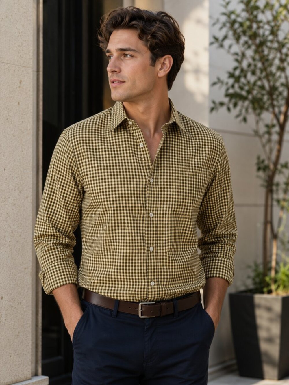 100% Cotton Scott Barber Yellow/Black Mini Check Casual Office Dress Shirt Large